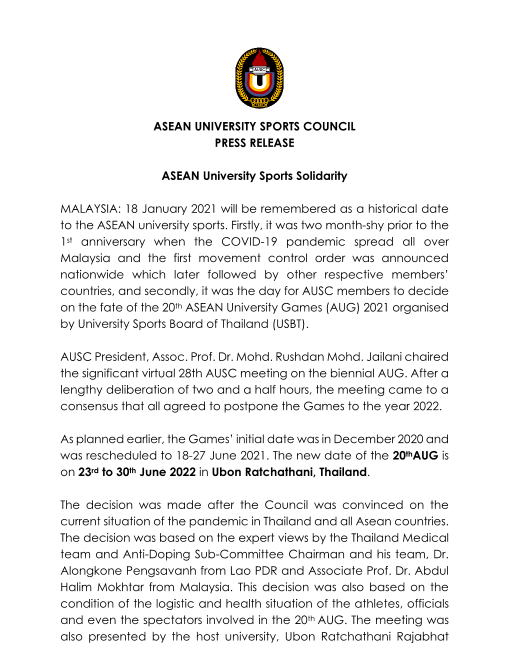 Asean University Sports Council Press Release
