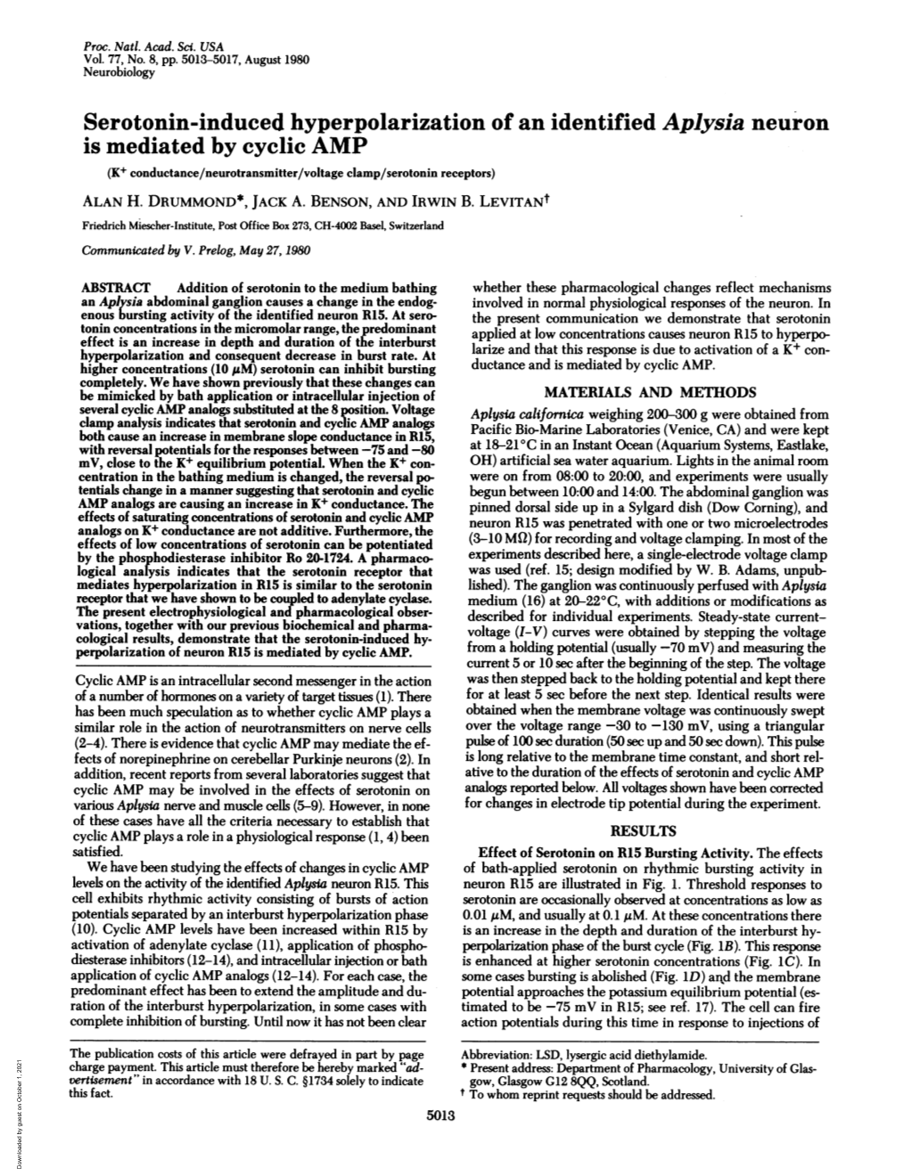 Serotonin-Induced Hyperpolarization of an Identified Aplysia Neuron