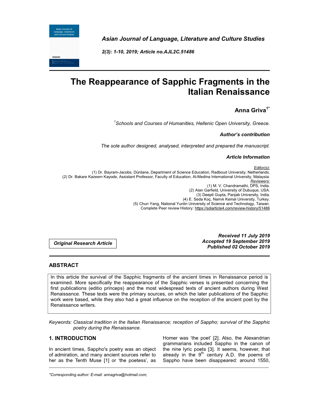 The Reappearance of Sapphic Fragments in the Italian Renaissance