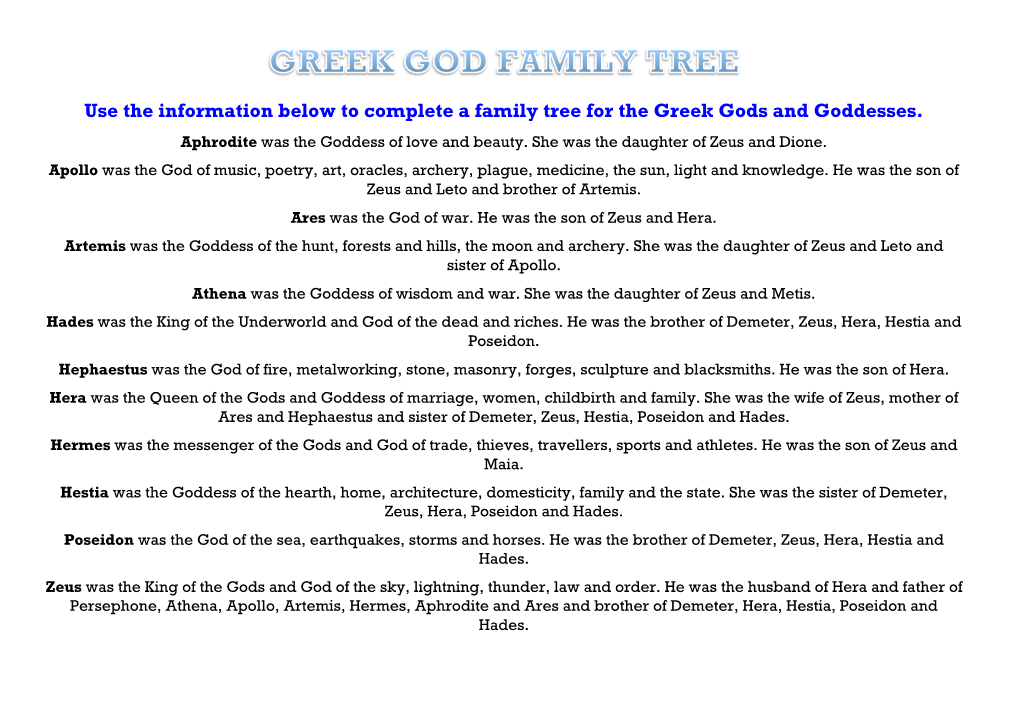 Use the Information Below to Complete a Family Tree for the Greek Gods and Goddesses