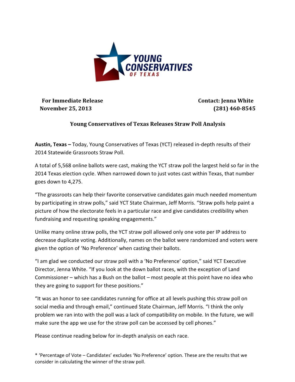 460-8545 Young Conservatives of Texas Releases Straw Poll An