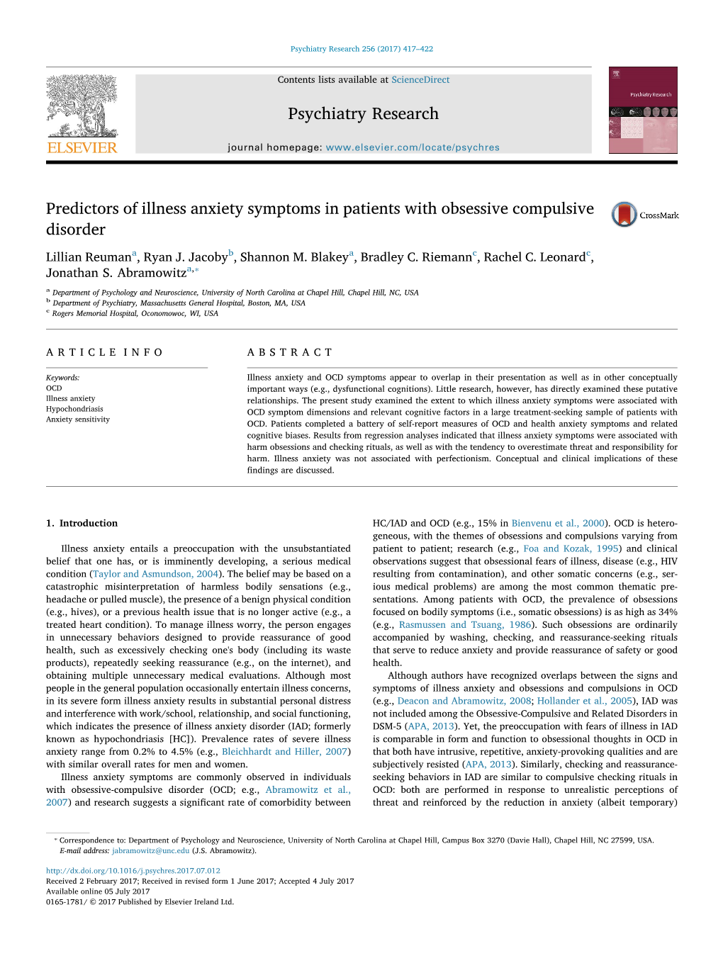 Predictors of Illness Anxiety Symptoms in Patients with Obsessive Compulsive MARK Disorder