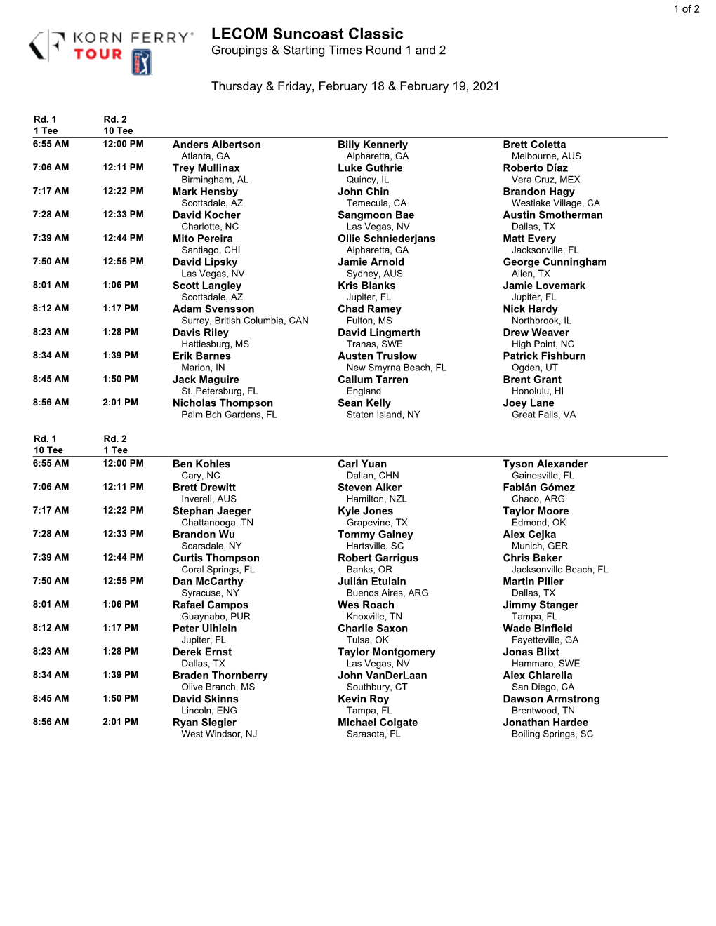 Round 1 & 2 Groups