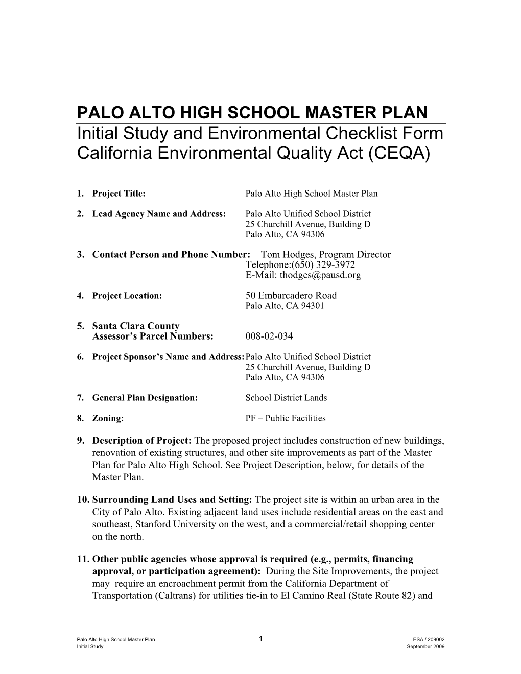 Initial Study and Environmental Checklist Form California Environmental Quality Act (CEQA)