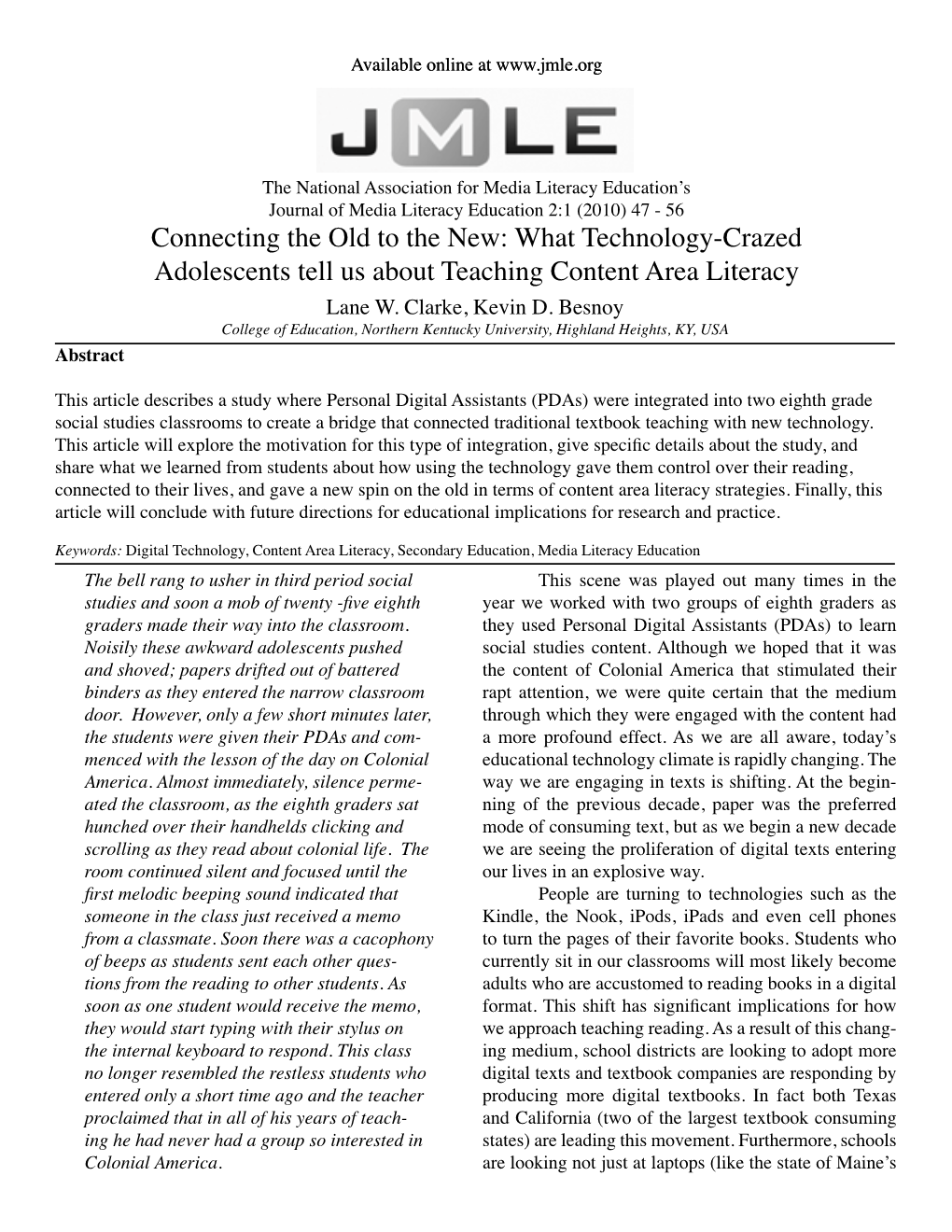 What Technology-Crazed Adolescents Tell Us About Teaching Content Area Literacy Lane W