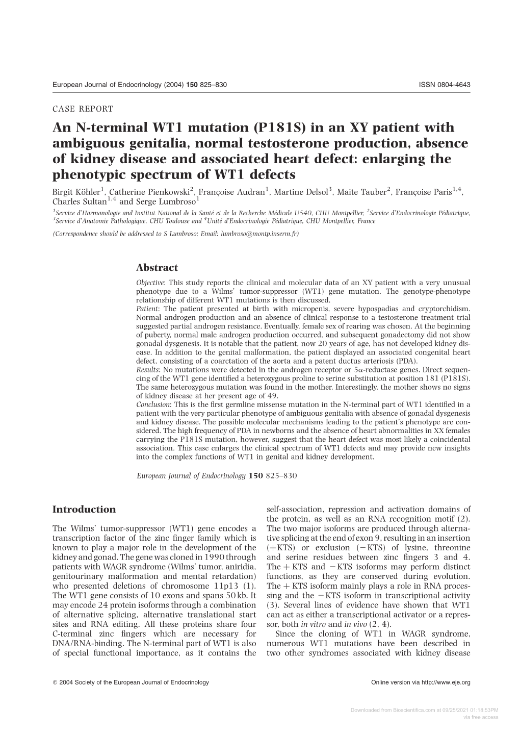 An N-Terminal WT1 Mutation (P181S) in an XY Patient with Ambiguous