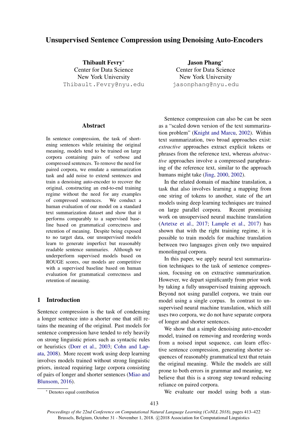 Unsupervised Sentence Compression Using Denoising Auto-Encoders