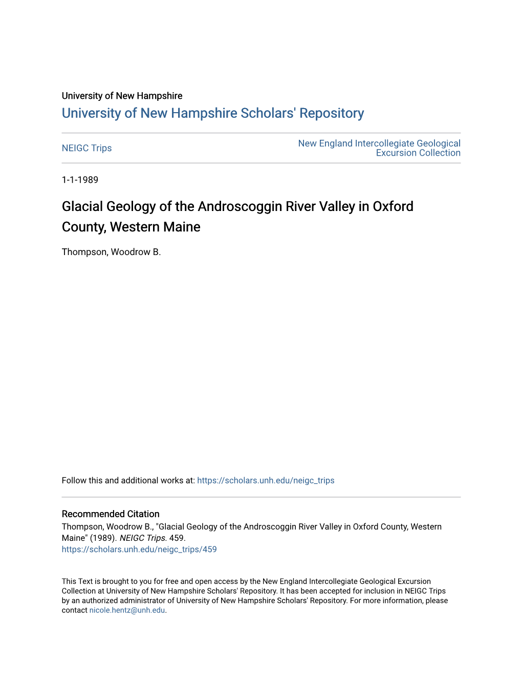 Glacial Geology of the Androscoggin River Valley in Oxford County, Western Maine