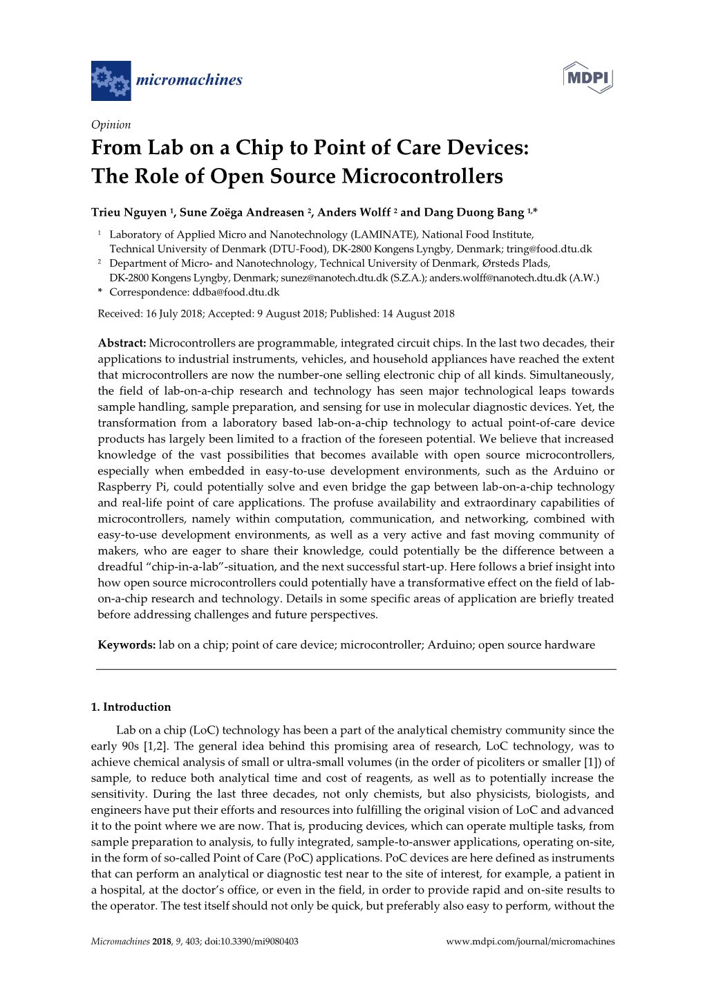 From Lab on a Chip to Point of Care Devices: the Role of Open Source Microcontrollers