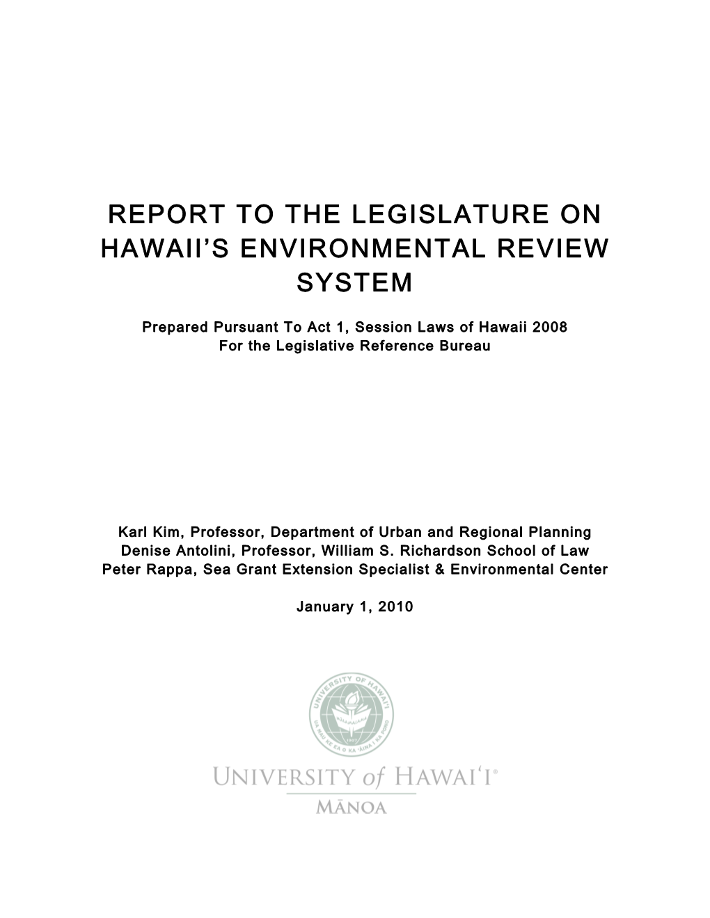 Report to the Legislature on Hawaii's