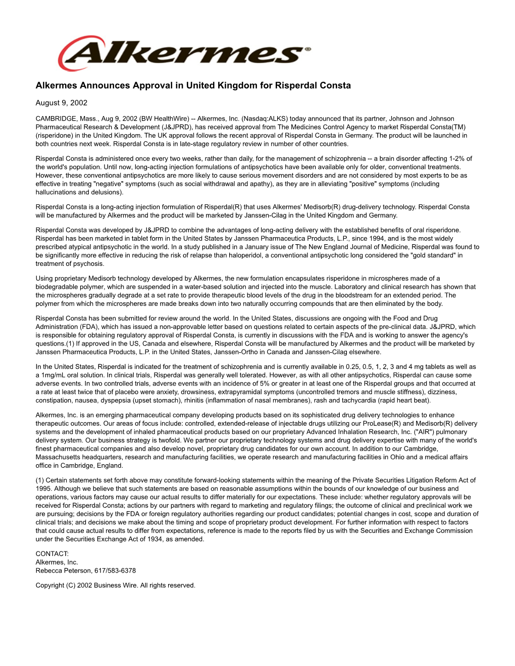 Alkermes Announces Approval in United Kingdom for Risperdal Consta
