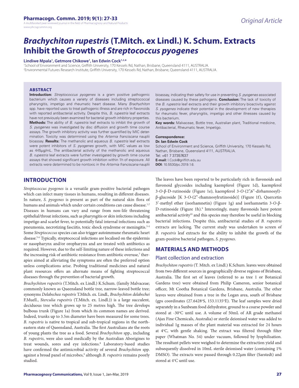 Brachychiton Rupestris (T.Mitch. Ex Lindl.) K. Schum. Extracts Inhibit the Growth of Streptococcus Pyogenes