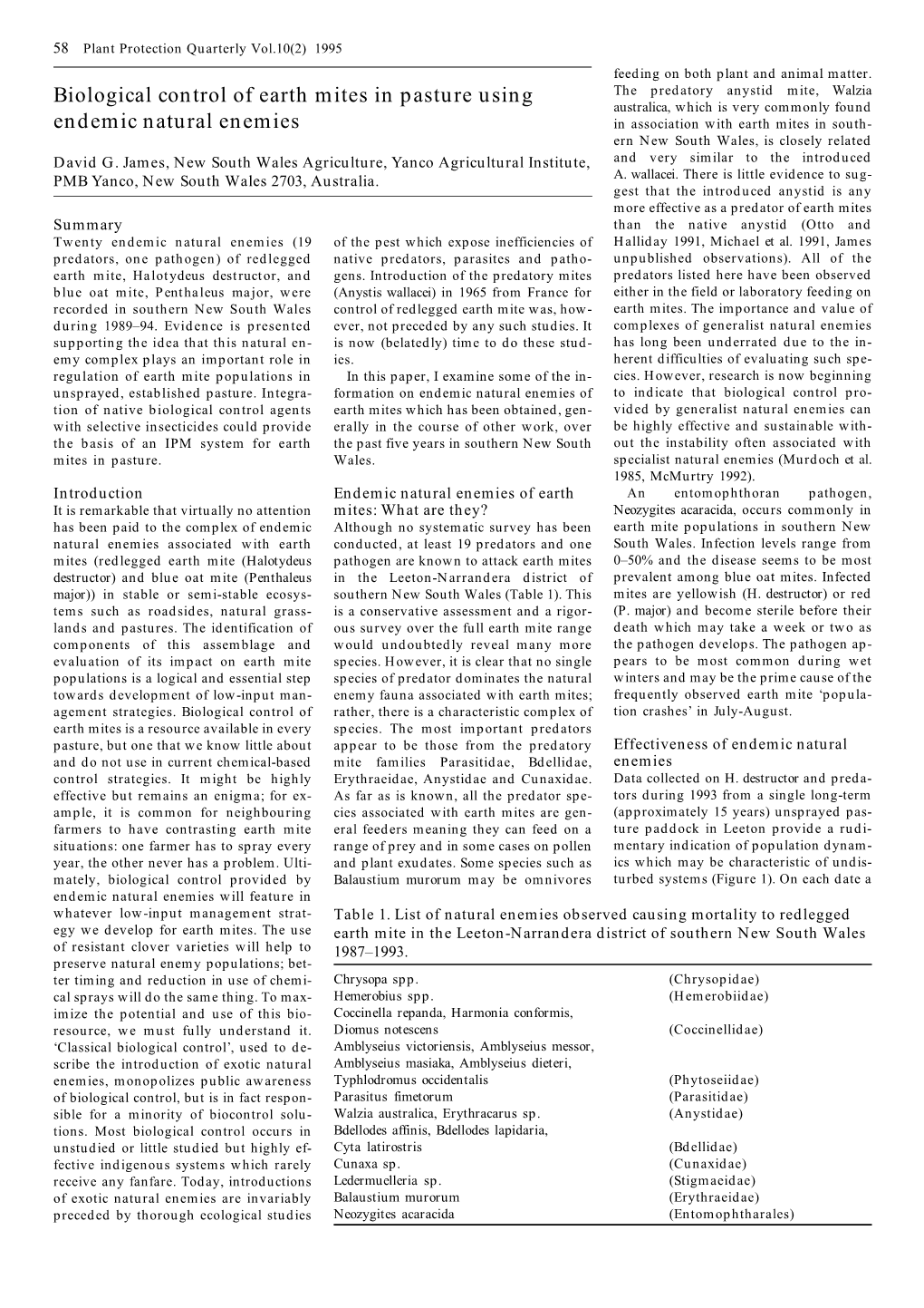 Biological Control of Earth Mites in Pasture Using Endemic Natural