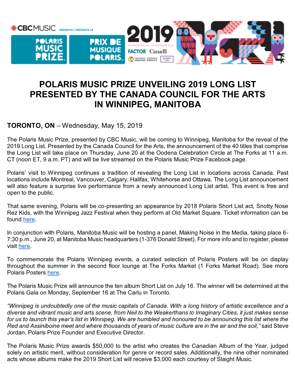 Polaris Music Prize Unveiling 2019 Long List Presented by the Canada Council for the Arts in Winnipeg, Manitoba