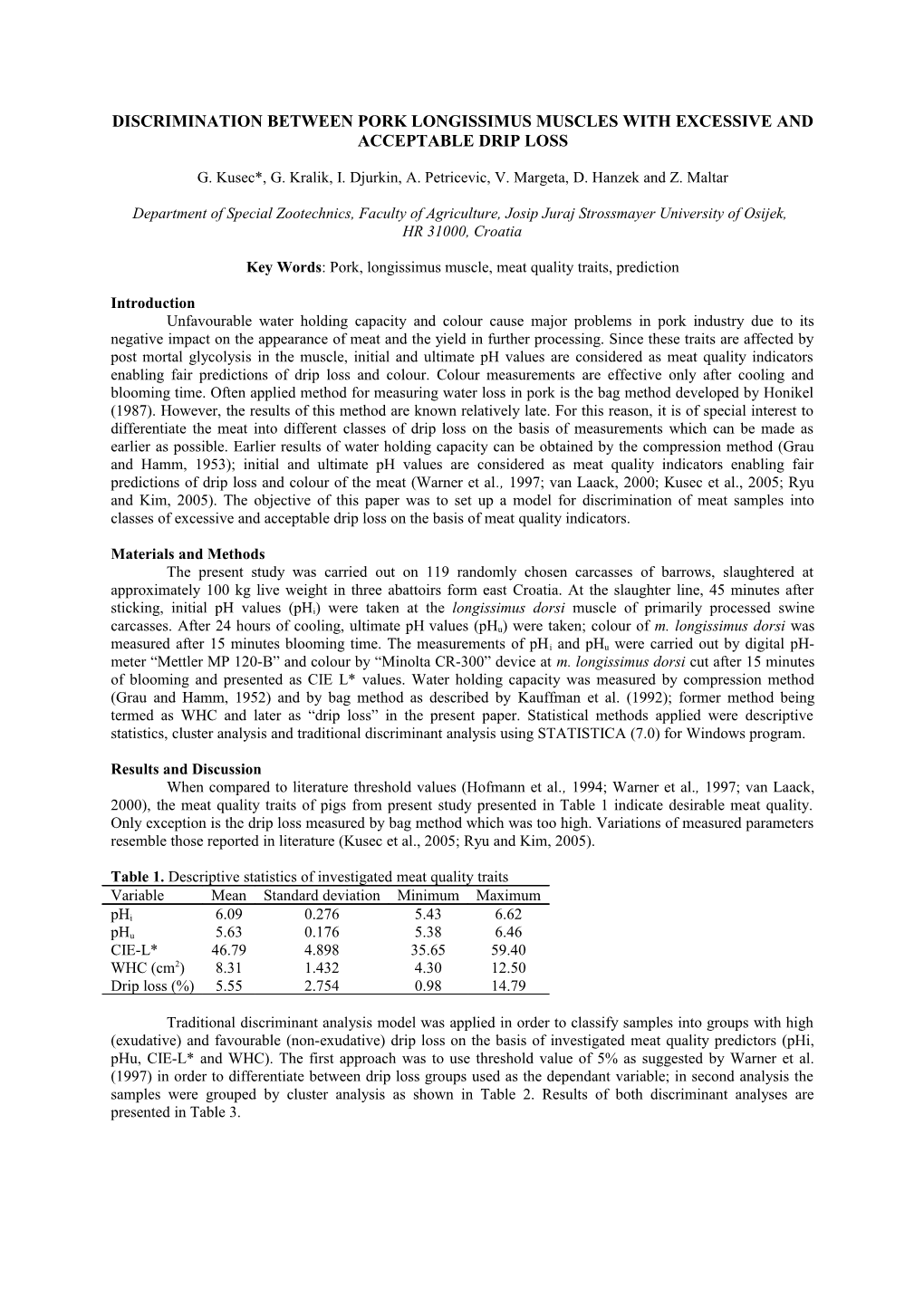 Discrimination Between Pork Longissimus Muscles with Excessive and Acceptable Drip Loss