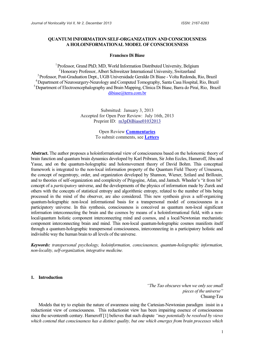 Quantum Information Self-Organization and Consciousness a Holoinformational Model of Consciousness