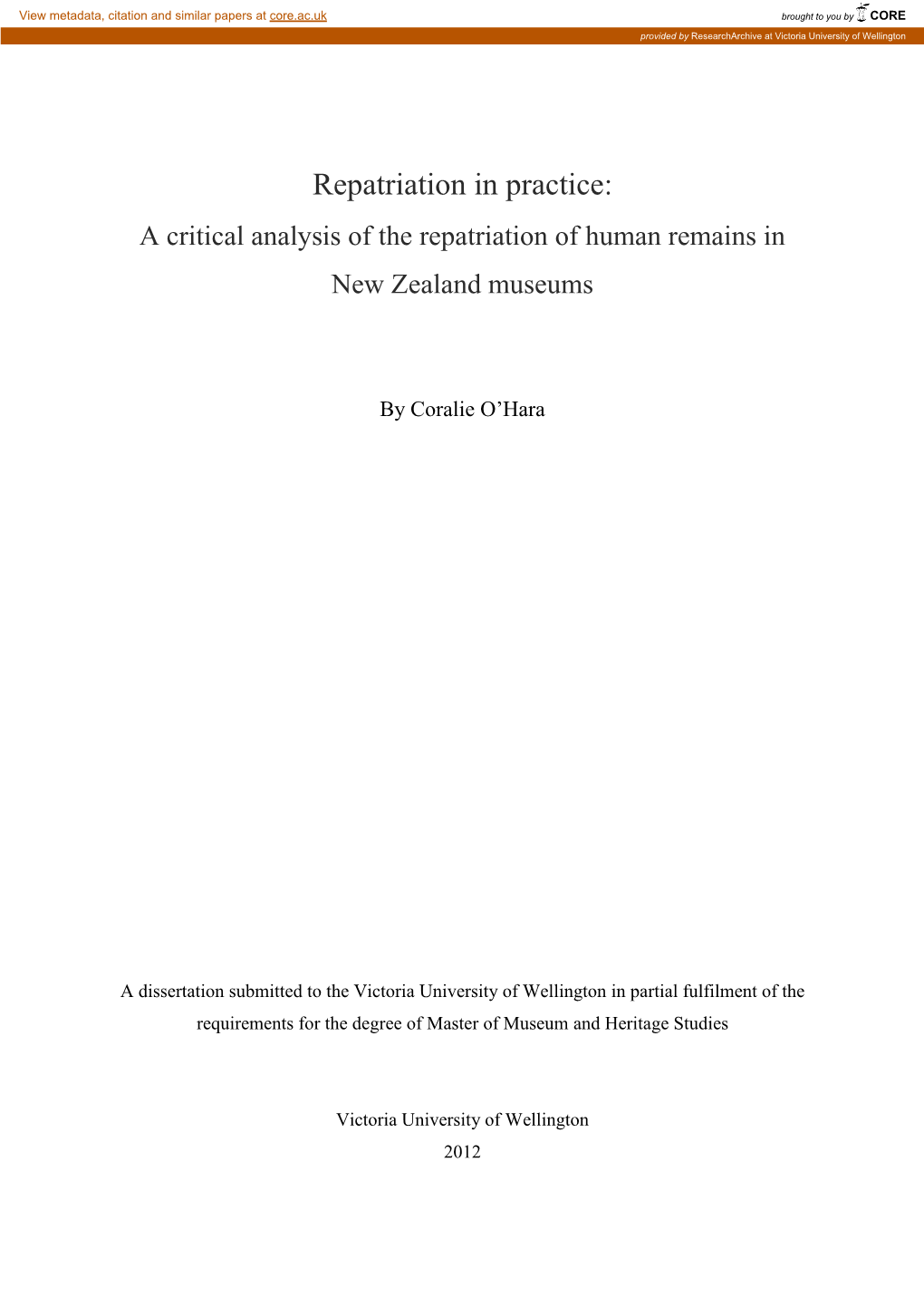 Repatriation in Practice: a Critical Analysis of the Repatriation of Human Remains in New Zealand Museums
