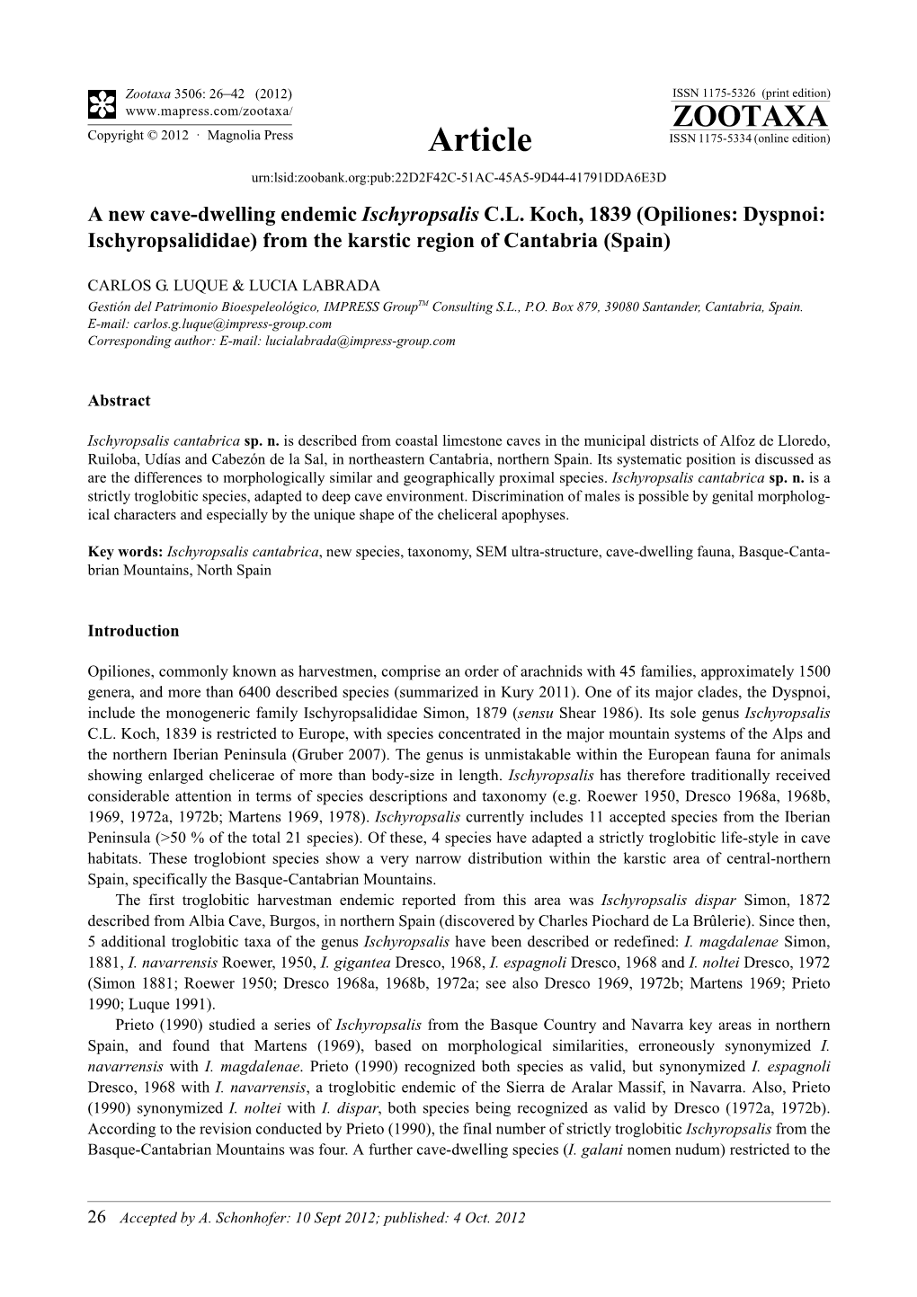 A New Cave-Dwelling Endemic Ischyropsalis CL