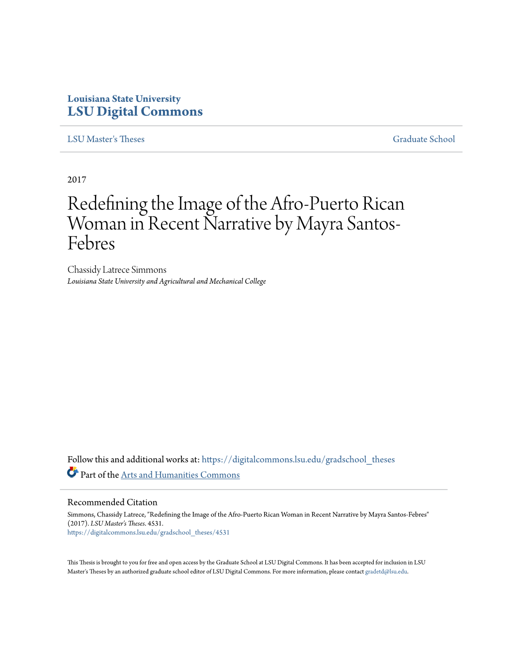 Redefining the Image of the Afro-Puerto Rican Woman in Recent Narrative by Mayra Santos-Febres" (2017)