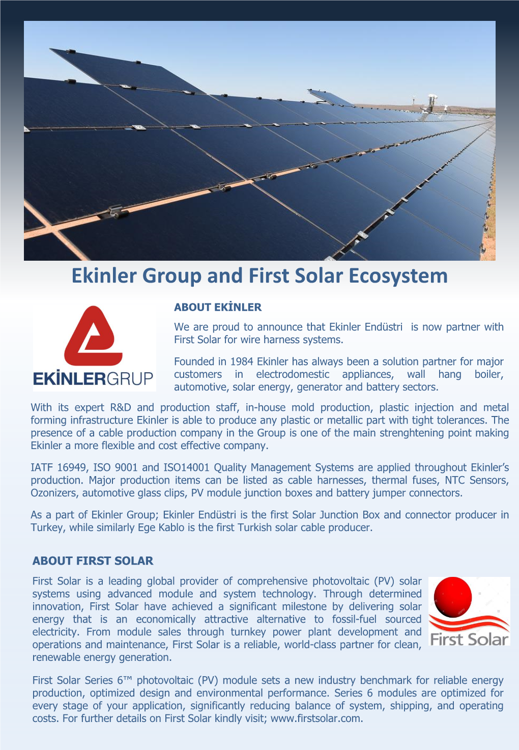Ekinler Group and First Solar Ecosystem
