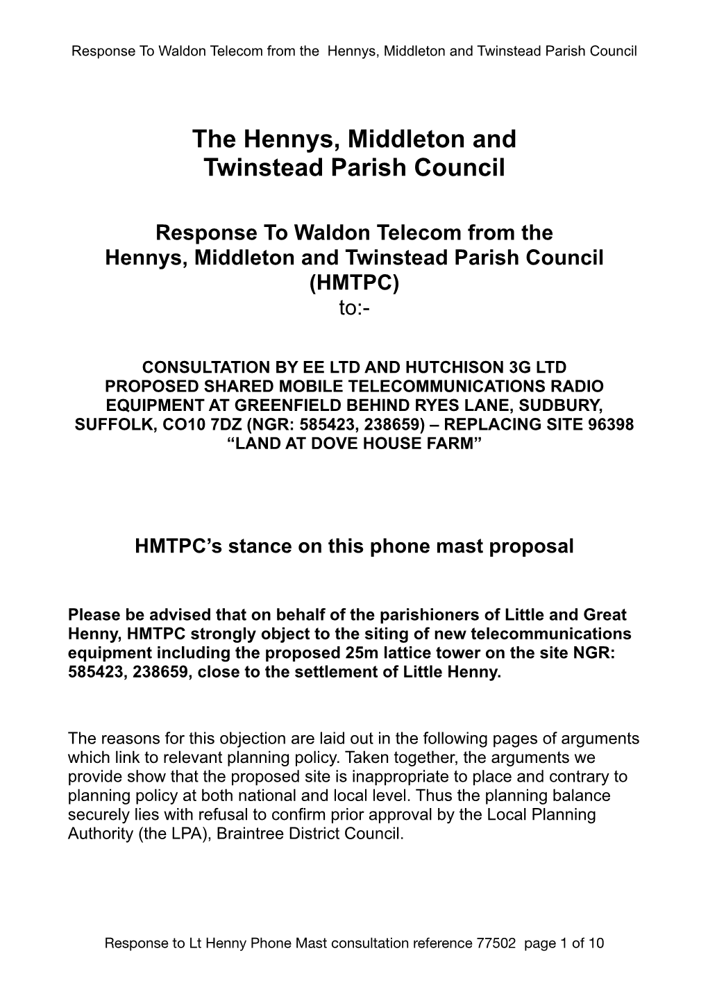 HMTPC Response to Little Henny Phone Mast Proposal