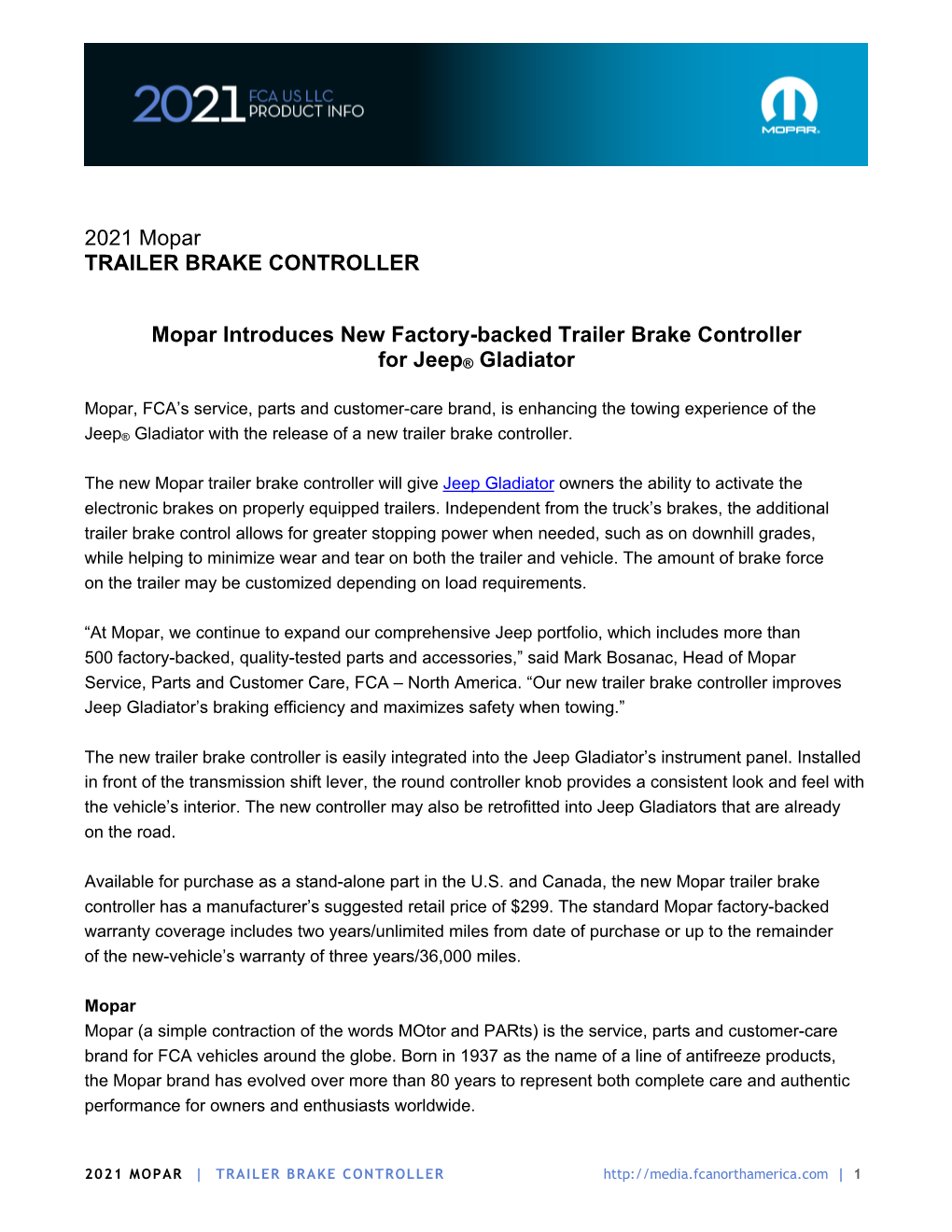 2021 Mopar TRAILER BRAKE CONTROLLER Mopar Introduces