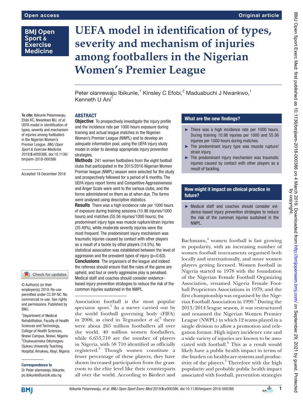UEFA Model in Identification of Types, Severity and Mechanism of Injuries Among Footballers in the Nigerian Women’S Premier League