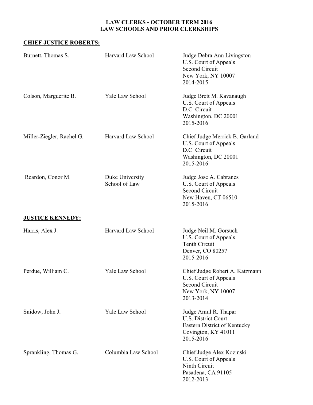 Law Clerks - October Term 2016 Law Schools and Prior Clerkships