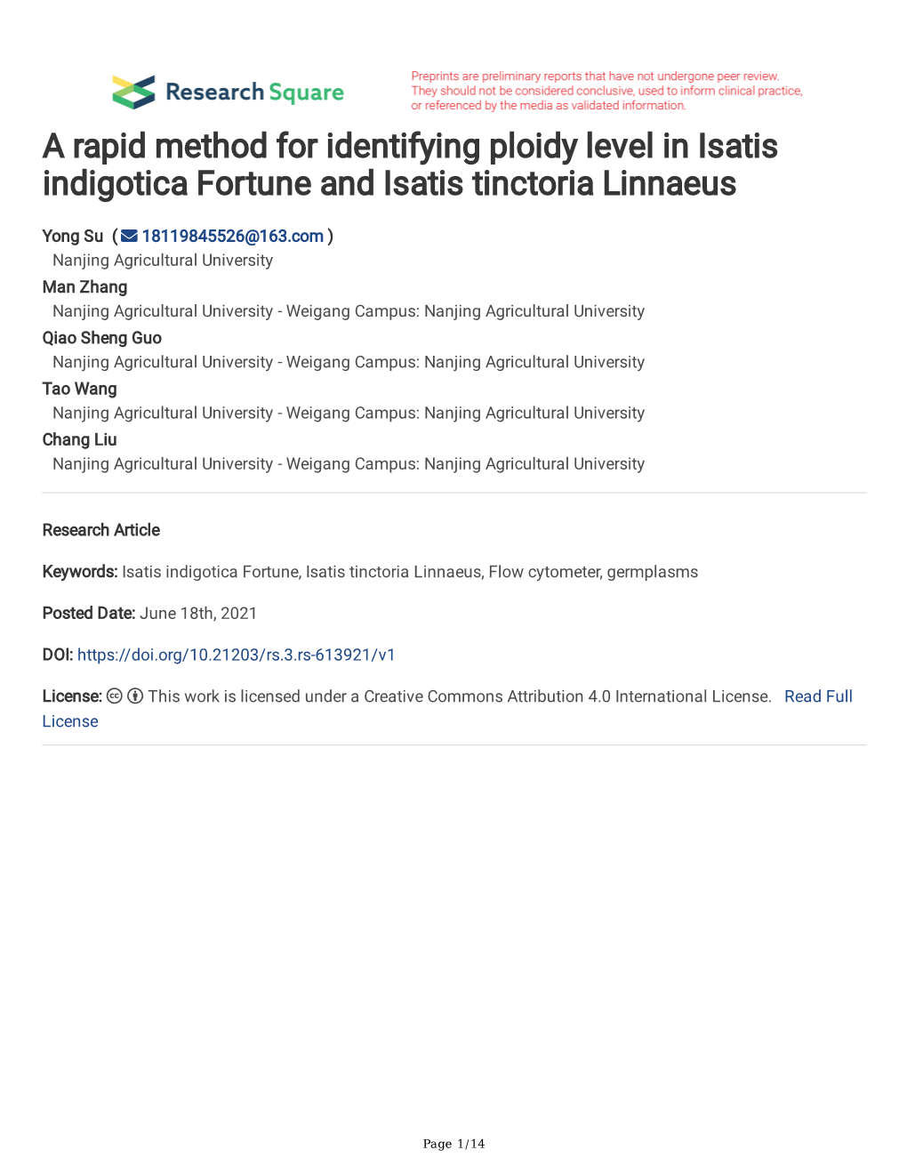A Rapid Method for Identifying Ploidy Level in Isatis Indigotica Fortune and Isatis Tinctoria Linnaeus
