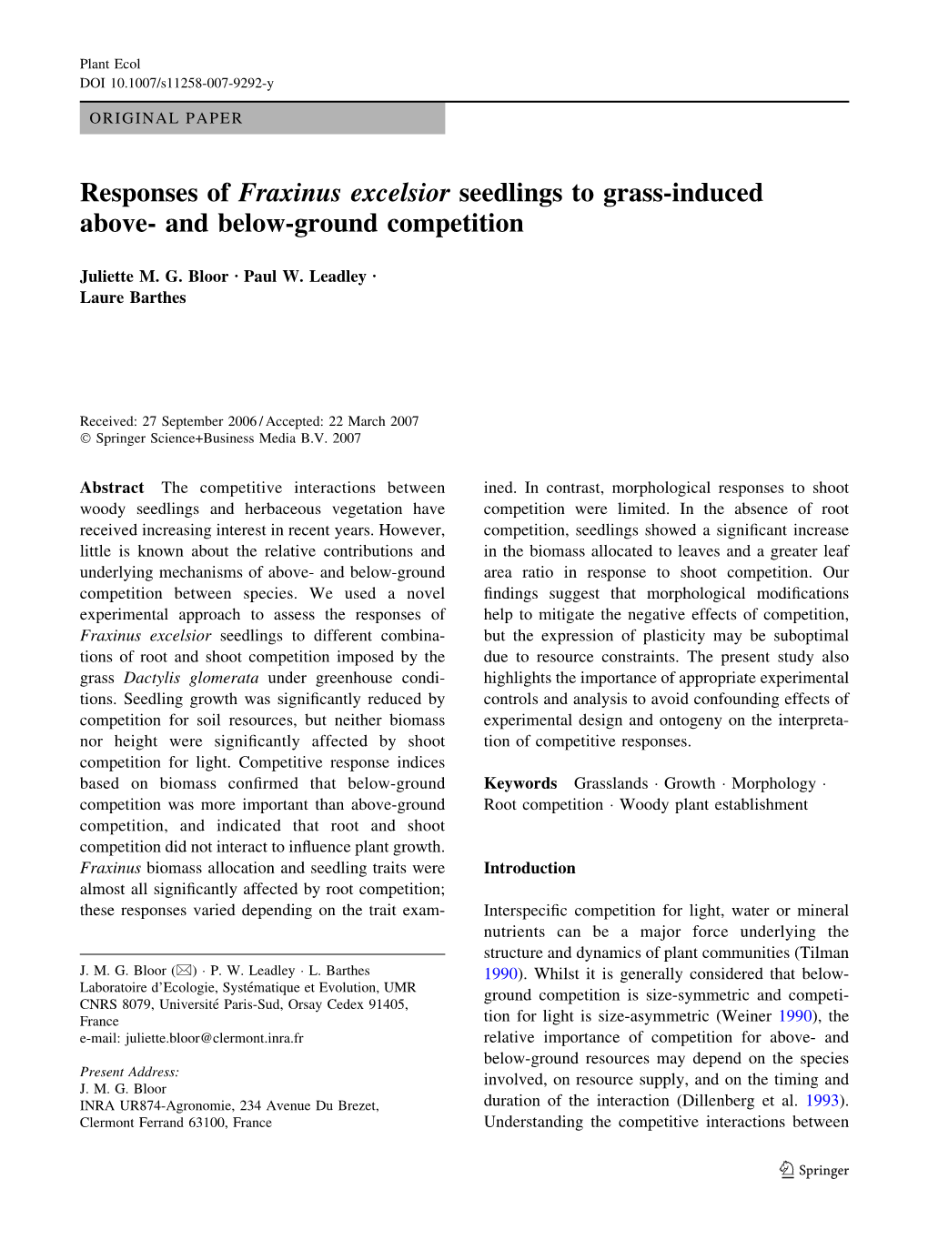 Responses of Fraxinus Excelsior Seedlings to Grass-Induced Above- and Below-Ground Competition