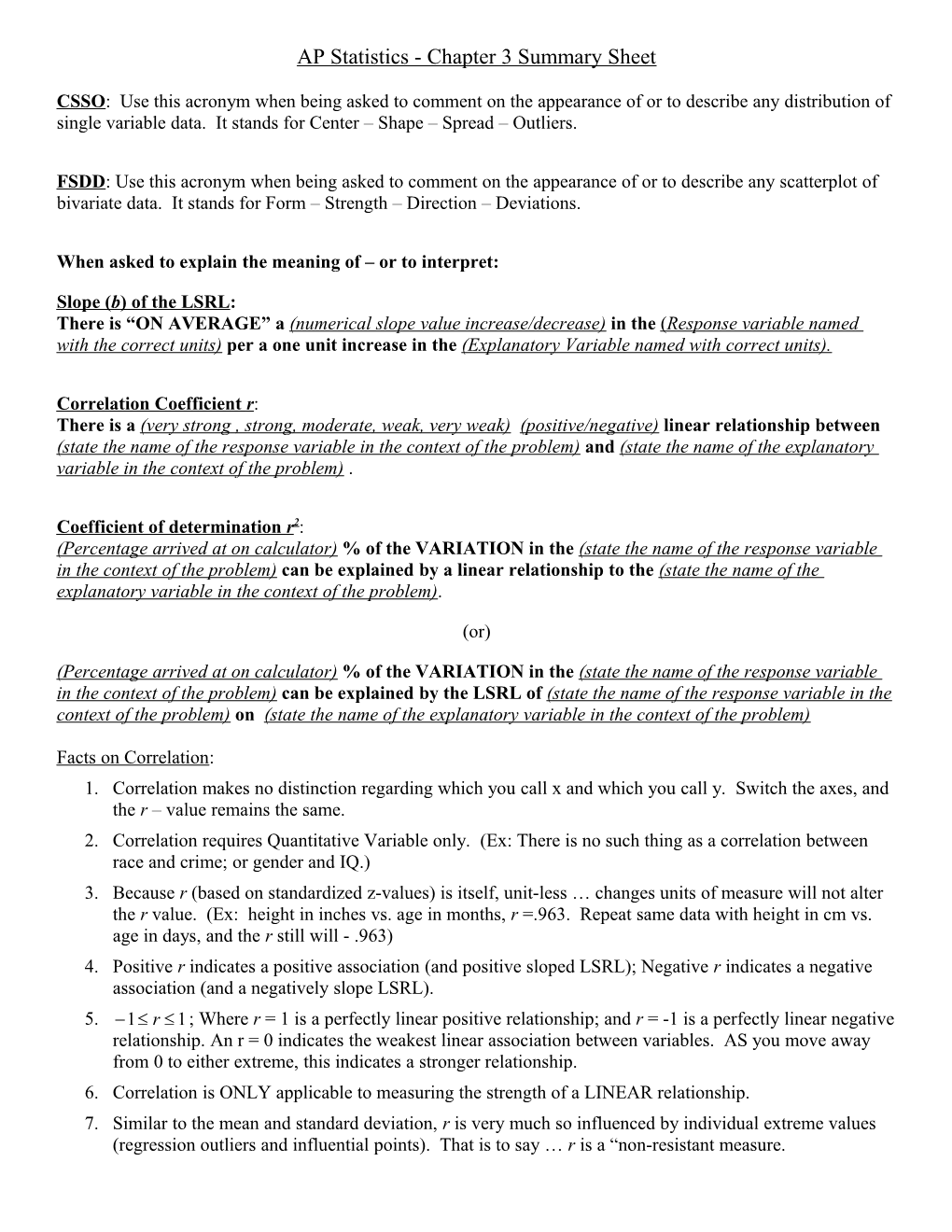 AP Statistics - Chapter 3 Summary Sheet