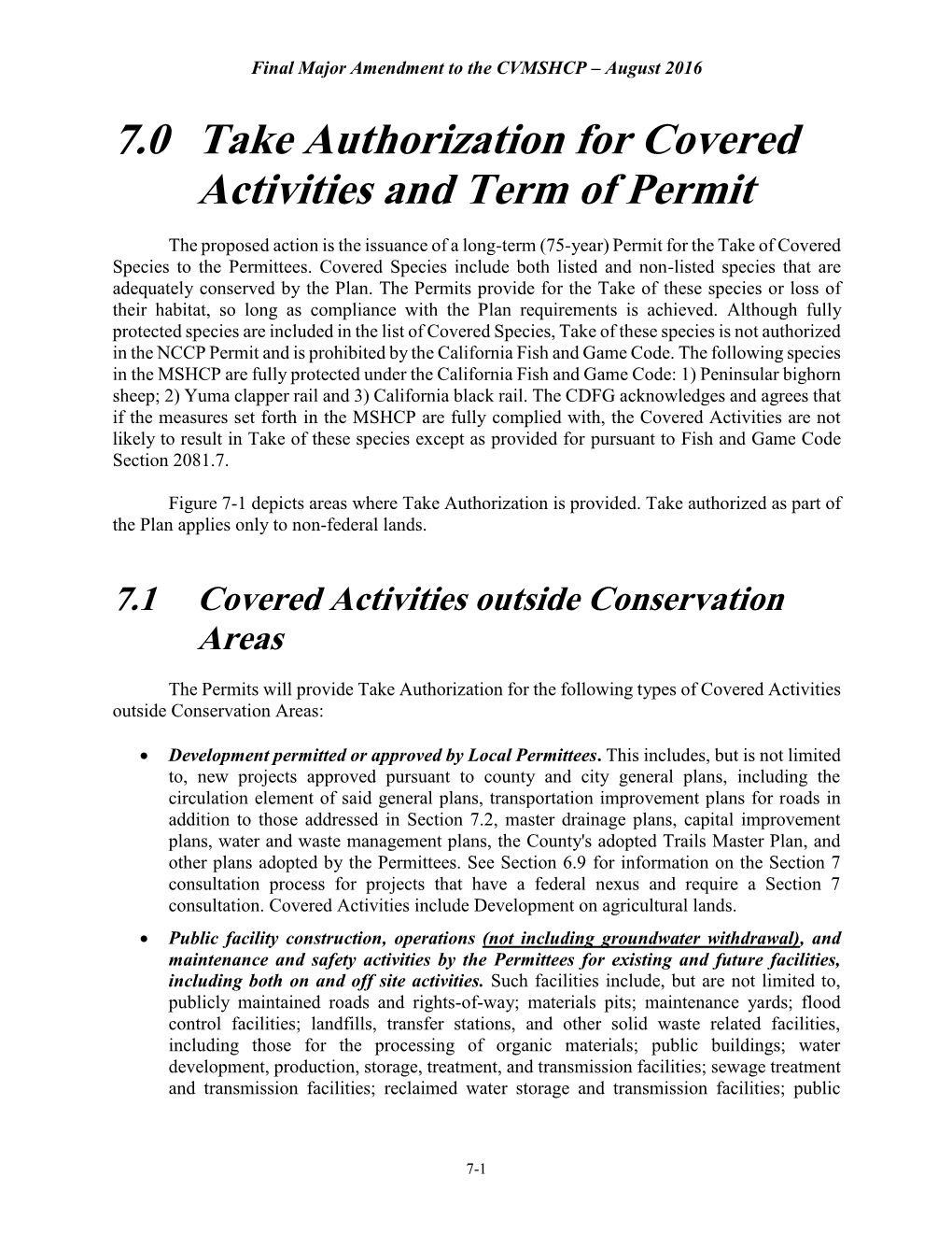 Section 7.0 Take Authorization for Covered Activities and Term of Permit