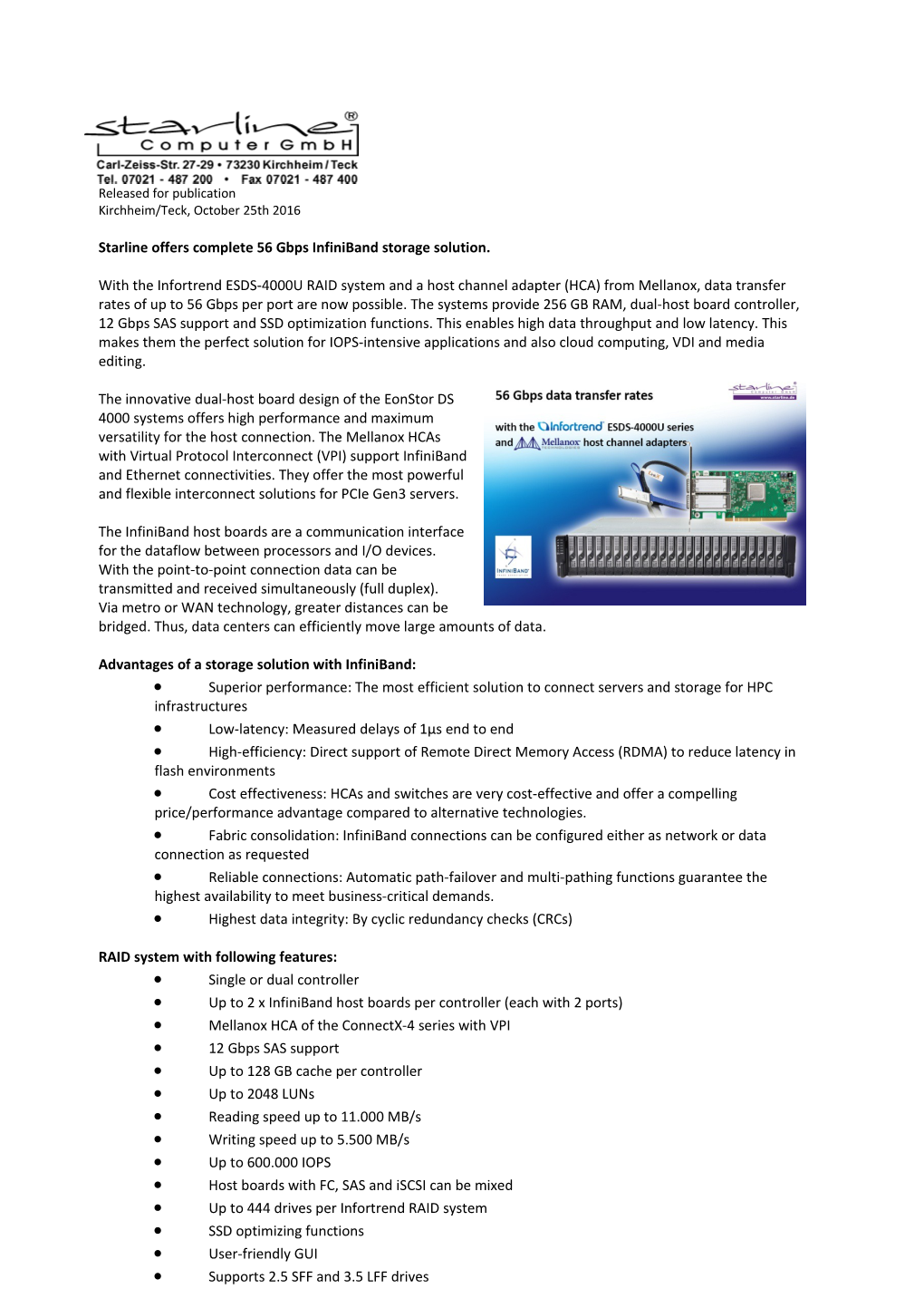 Starline Offers Complete 56 Gbps Infiniband Storage Solution