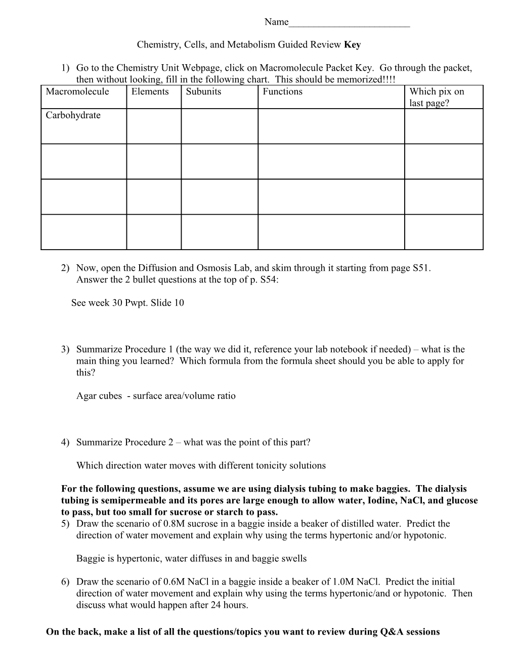 Chemistry, Cells, and Metabolism Guided Review Key