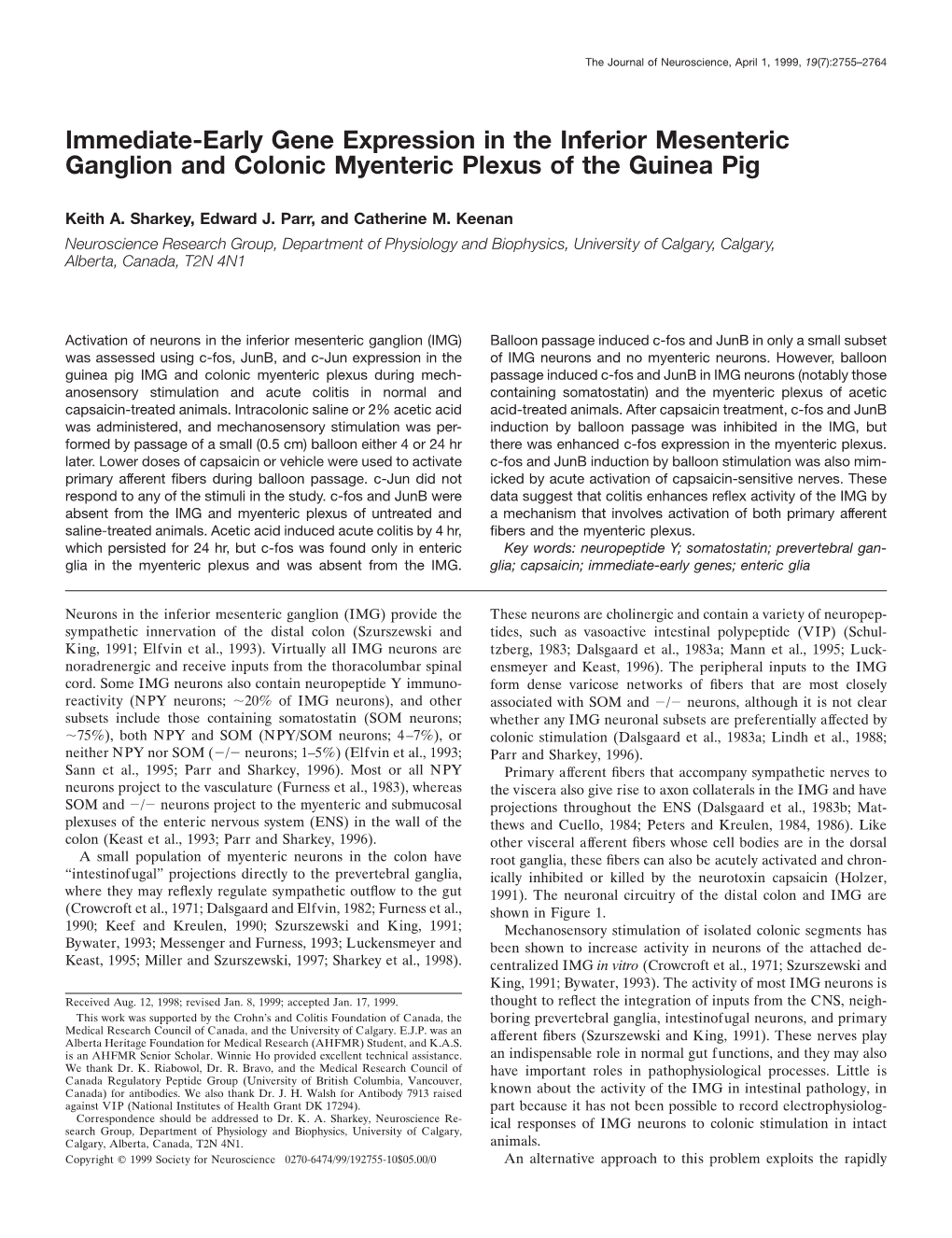 Immediate-Early Gene Expression in the Inferior Mesenteric Ganglion and Colonic Myenteric Plexus of the Guinea Pig