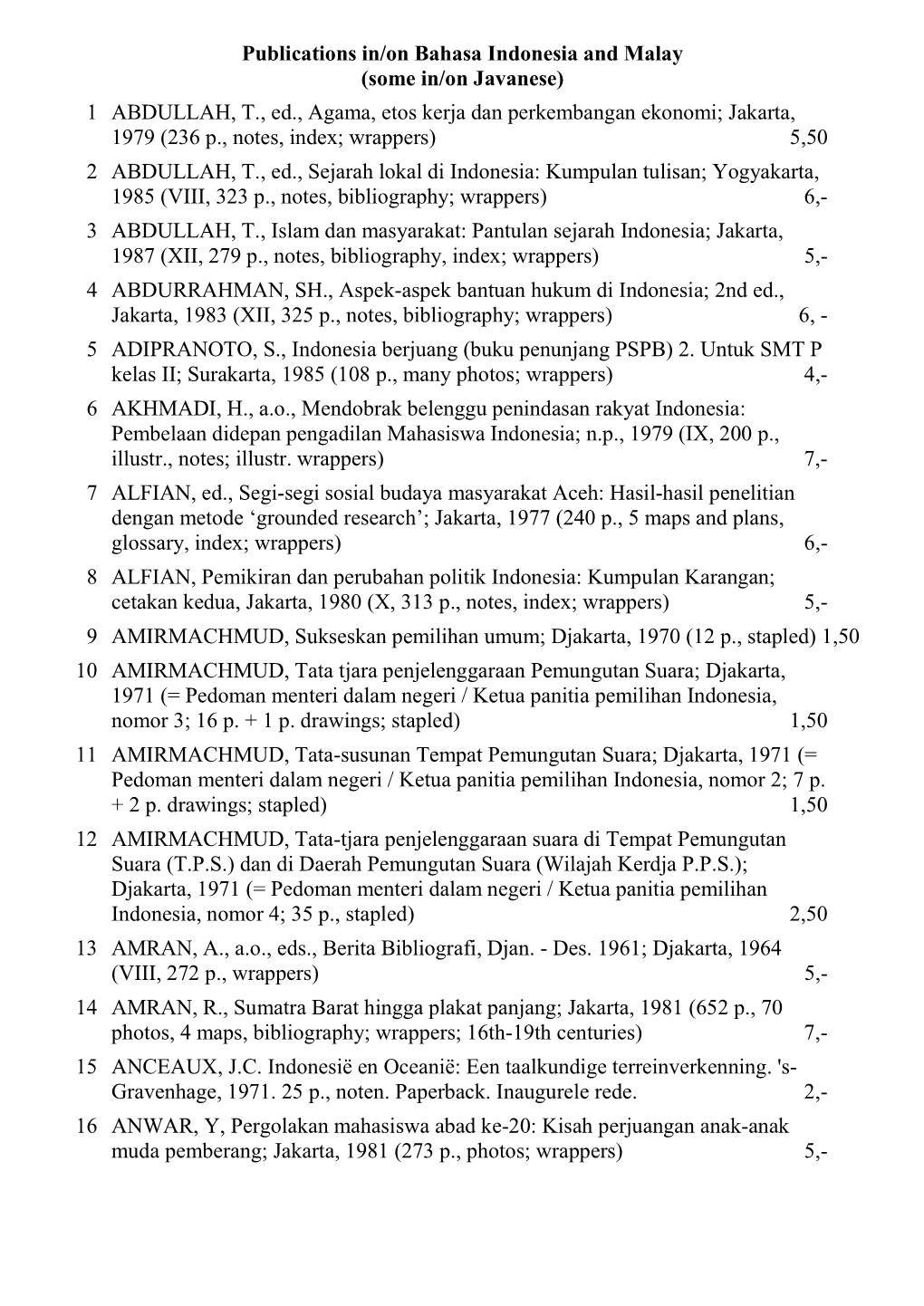 Publications In/On Bahasa Indonesia and Malay (Some In/On Javanese) 1