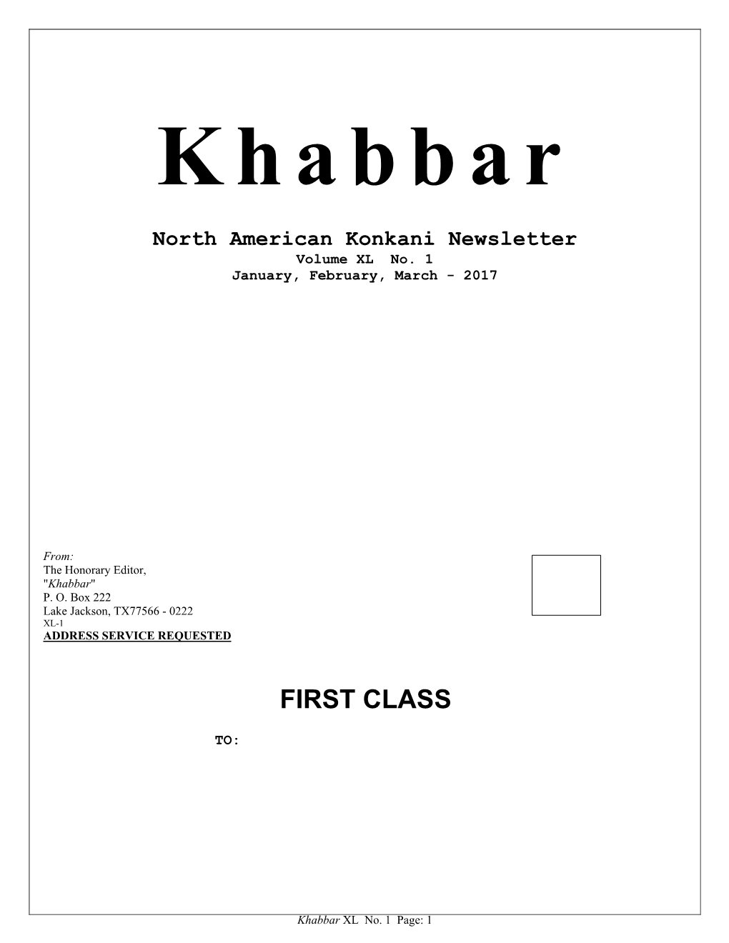 Khabbar Vol. Xlno. 1 (January, February, March