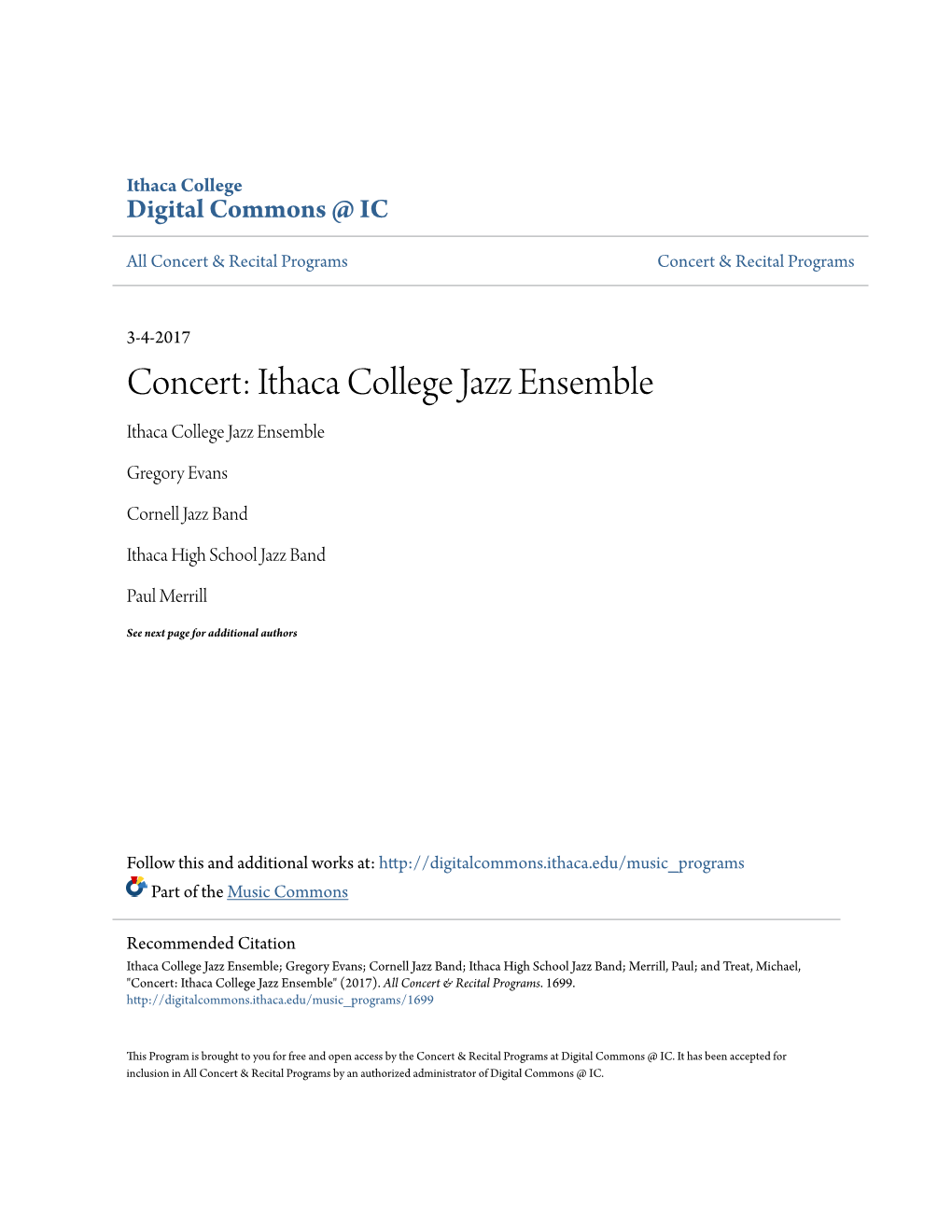 Concert: Ithaca College Jazz Ensemble Ithaca College Jazz Ensemble