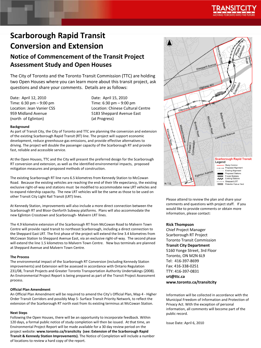 Scarborough Rapid Transit Conversion and Extension Notice of Commencement of the Transit Project Assessment Study and Open Houses