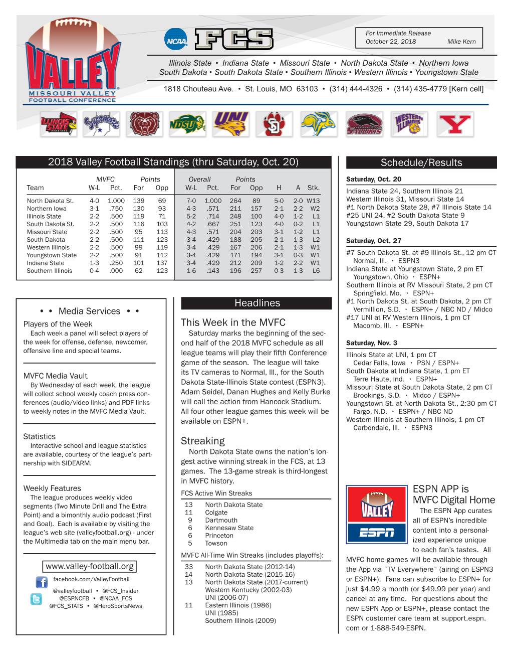 2018 Valley Football Standings (Thru Saturday, Oct. 20) Schedule/Results Saturday, Oct