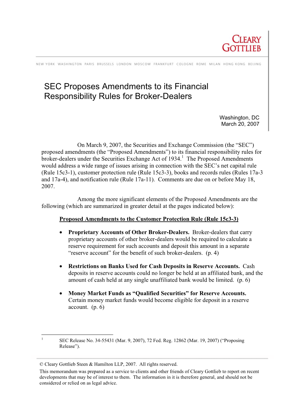 SEC Proposes Amendments to Its Financial Responsibility Rules for Broker-Dealers