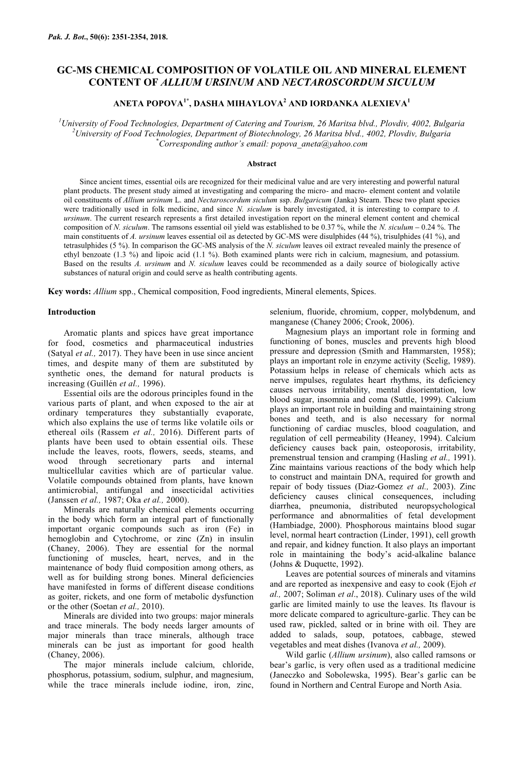 Gc-Ms Chemical Composition of Volatile Oil and Mineral Element Content of Allium Ursinum and Nectaroscordum Siculum