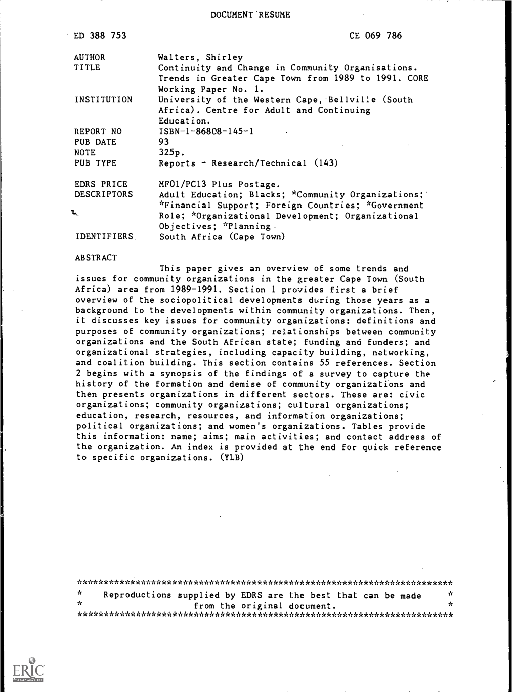 DOCUMENT-RESUME ED 388 753 CE 069 786 AUTHOR Walters