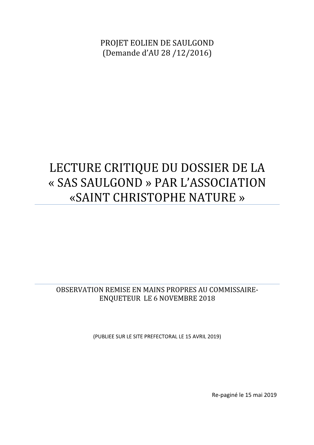 Lecture Critique Du Dossier De La « Sas Saulgond » Par L’Association «Saint Christophe Nature »