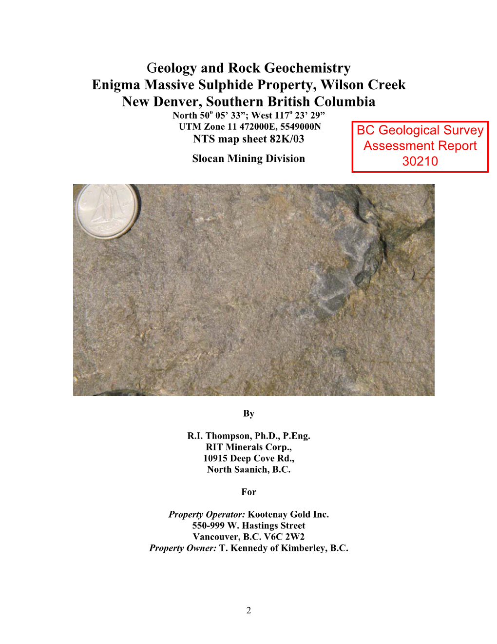 Geology and Rock Geochemistry Enigma Massive Sulphide Property