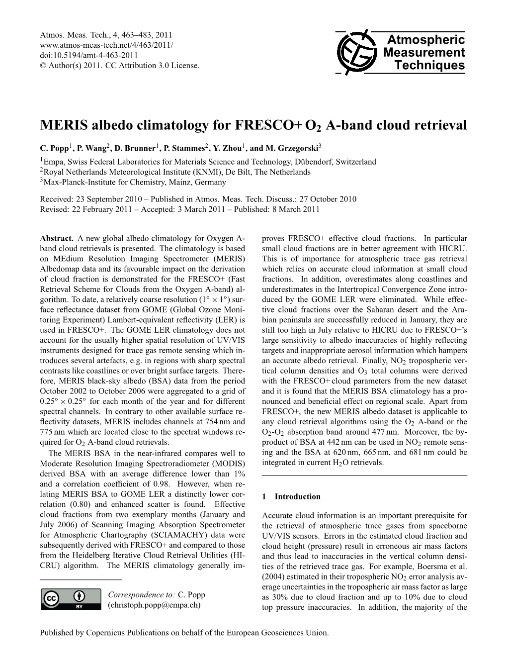 MERIS Albedo Climatology for FRESCO+ O2 A-Band Cloud Retrieval