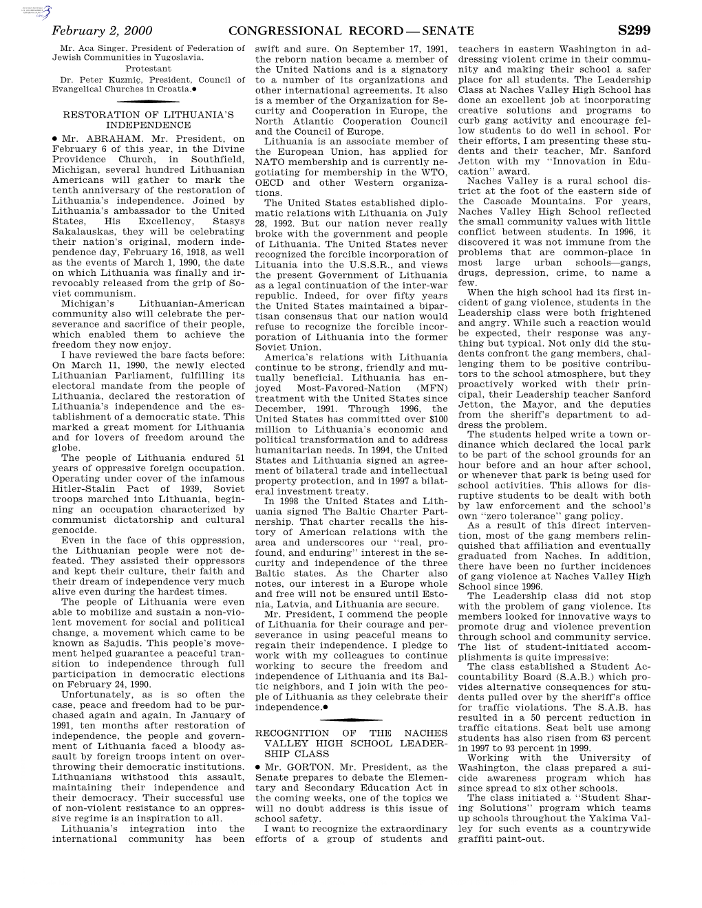 Congressional Record—Senate S299