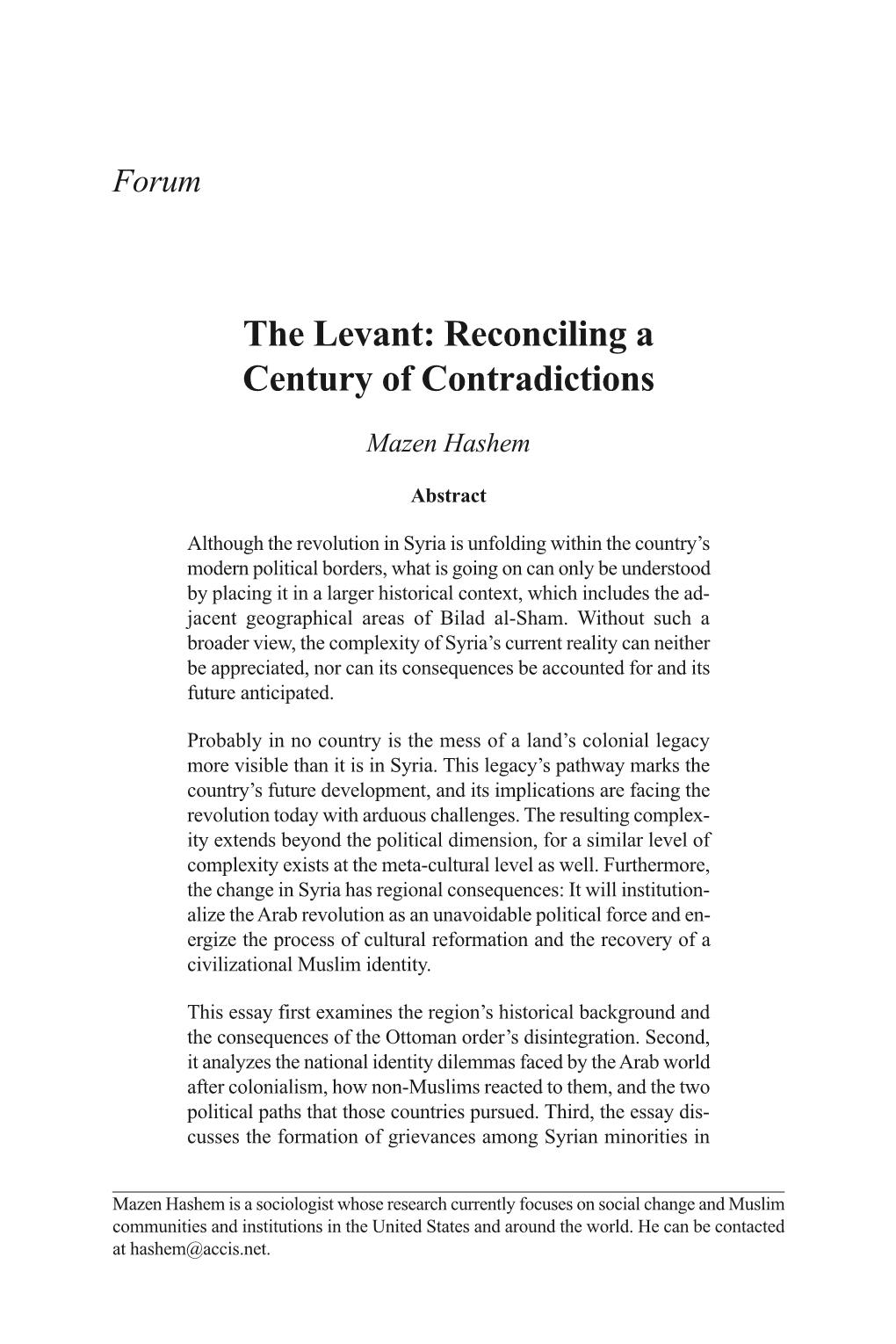 The Levant: Reconciling a Century of Contradictions