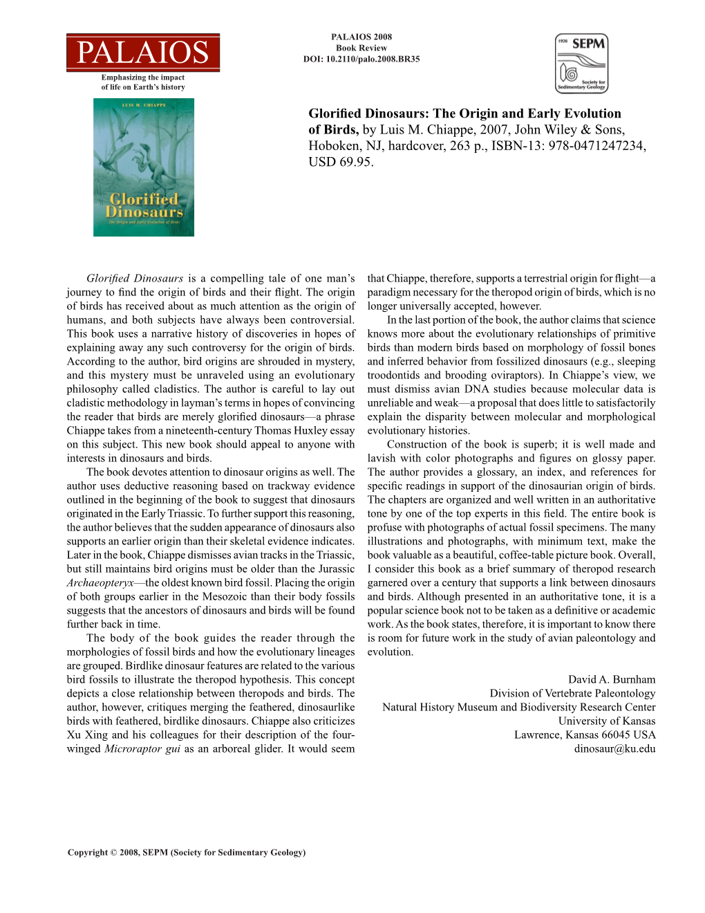 Palaios 2008 Book Review PALAIOS DOI: 10.2110/Palo.2008.BR35 Emphasizing the Impact of Life on Earth’S History