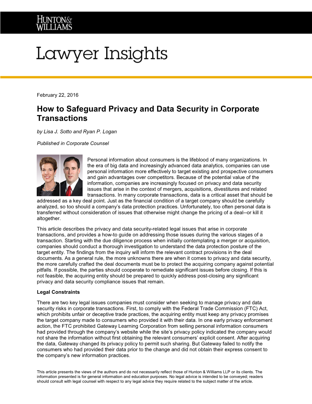 How to Safeguard Privacy and Data Security in Corporate Transactions by Lisa J